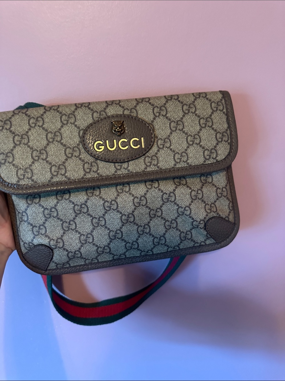 Gucci GG Supreme Crossbody Bag in Beige and Brown with Green-Red Web Strap